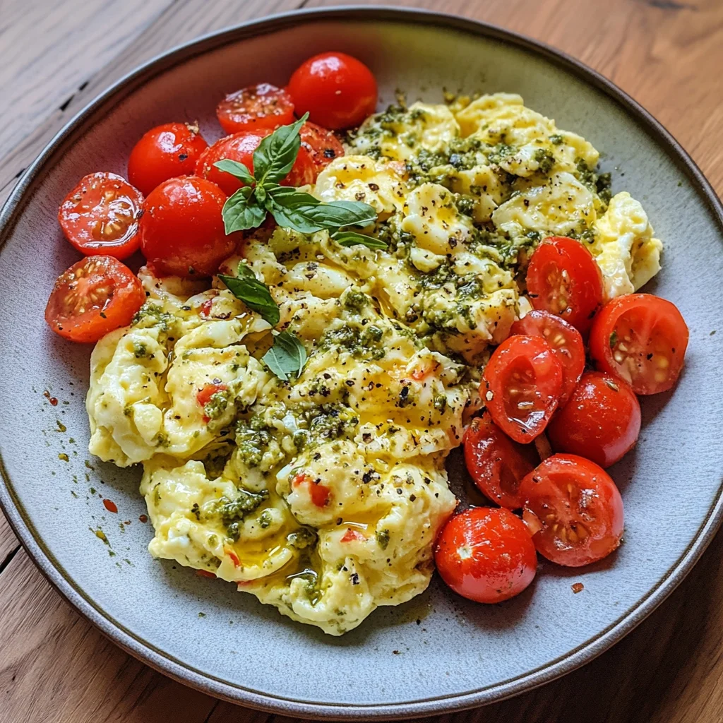 Pesto Scrambled Eggs with Cherry Tomatoes