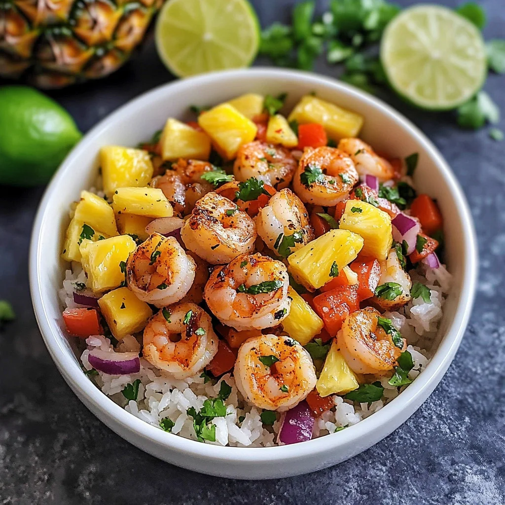 shrimp and rice bowl topped with a refreshing pineapple salsa