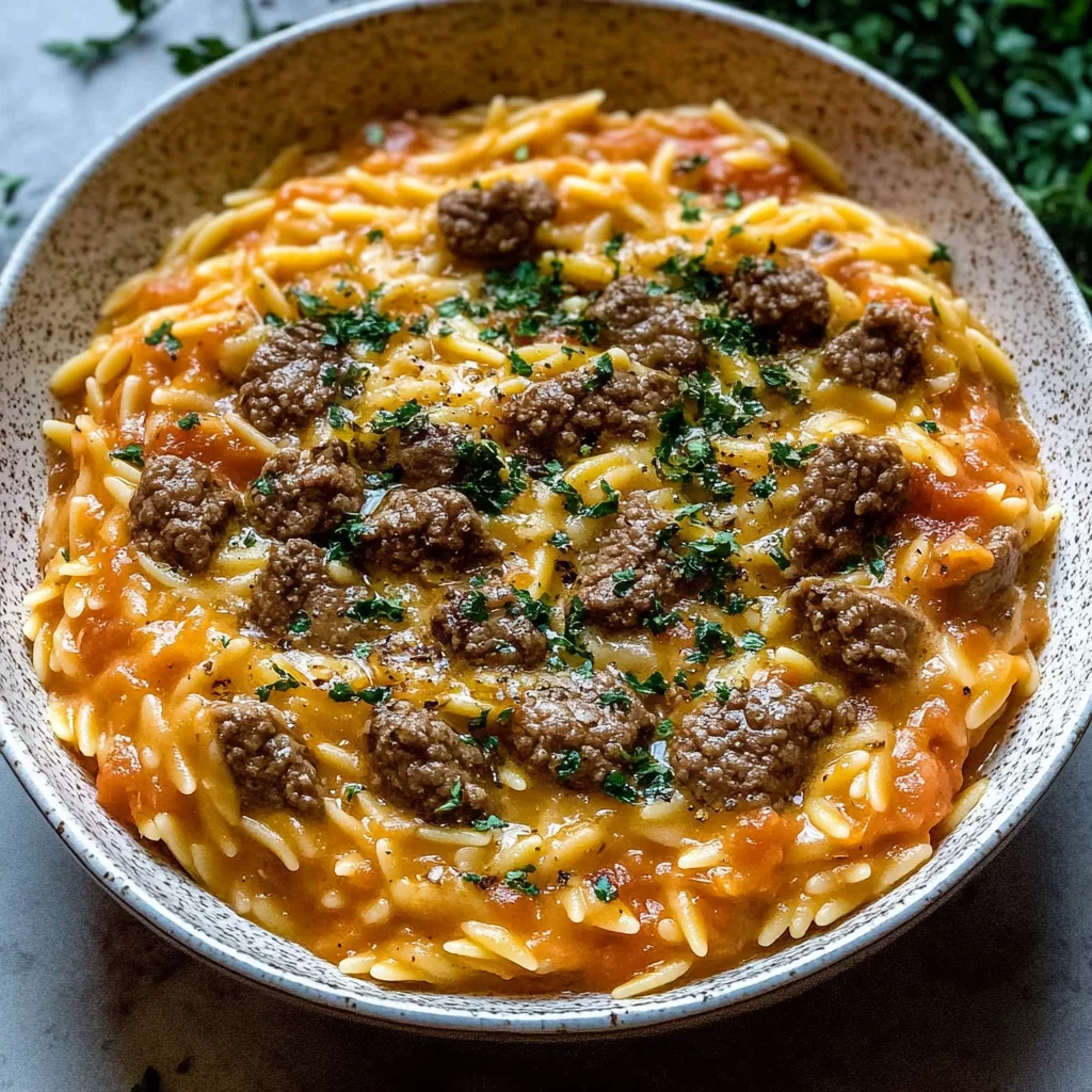 Beef Orzo Recipe with a Tomato Cream Sauce