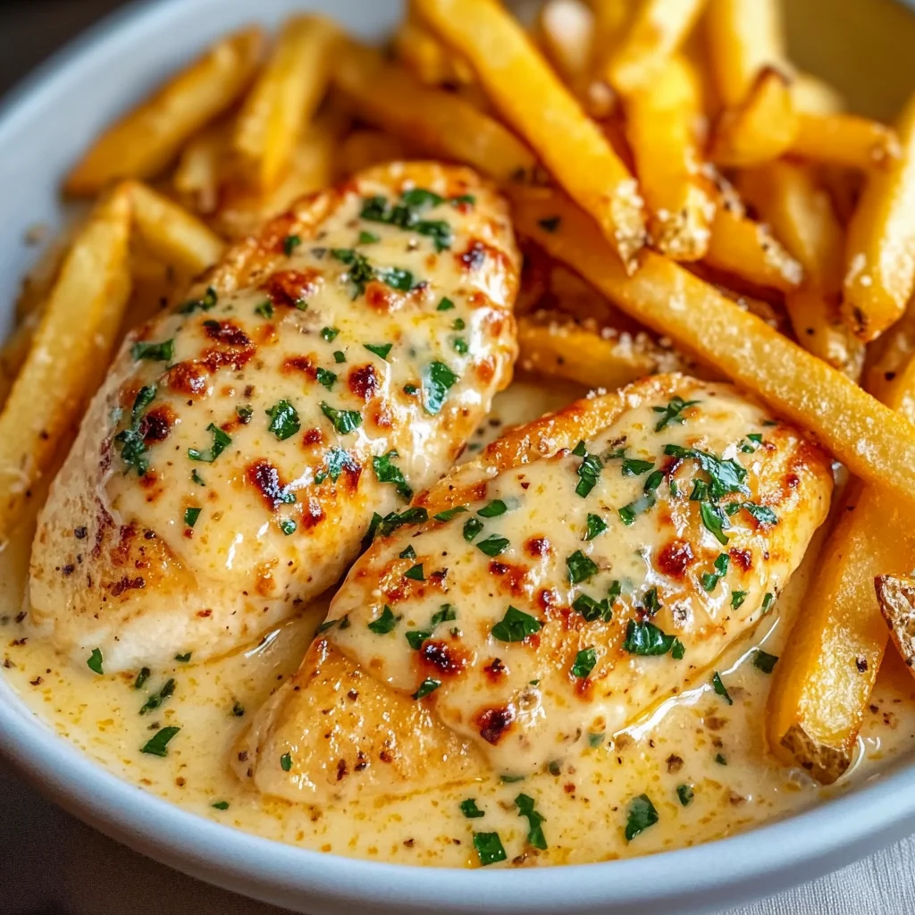 Chicken Fillet in Spicy, Creamy Garlic-Parmesan Sauce with Fries