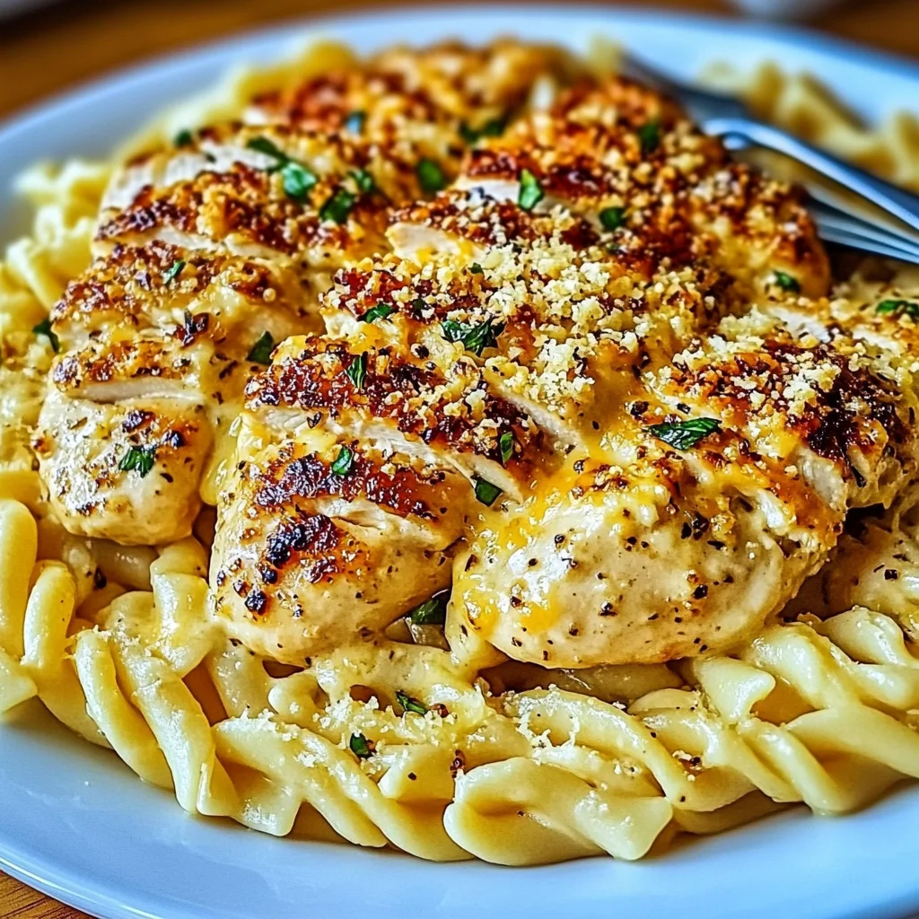 Creamy Garlic Parmesan Chicken with Cheesy Twisted Pasta