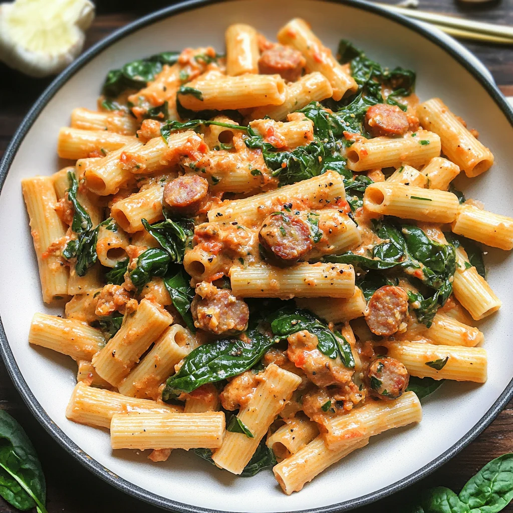 Creamy Sausage Rigatoni with Spinach, Garlic, and Tomato Cream Sauce (One-Pan, 30-Minute recipe)