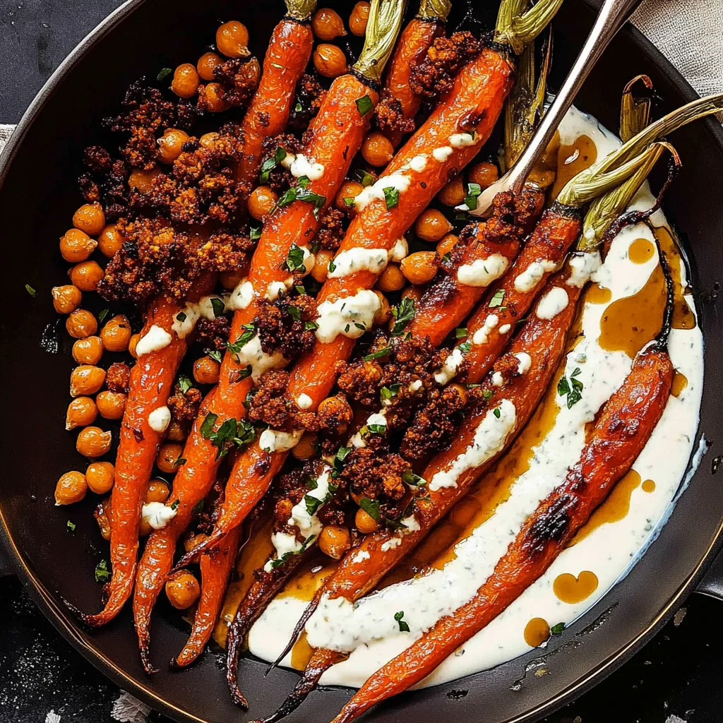 Spicy maple roast carrots with crispy chickpeas and yogurt sauce