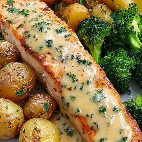 Lemon Butter Salmon with Crispy Potatoes and Broccoli recipe