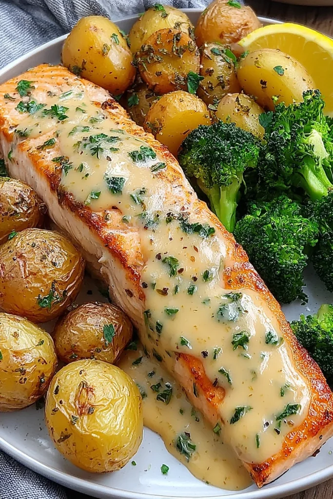Lemon Butter Salmon with Crispy Potatoes and Broccoli recipe