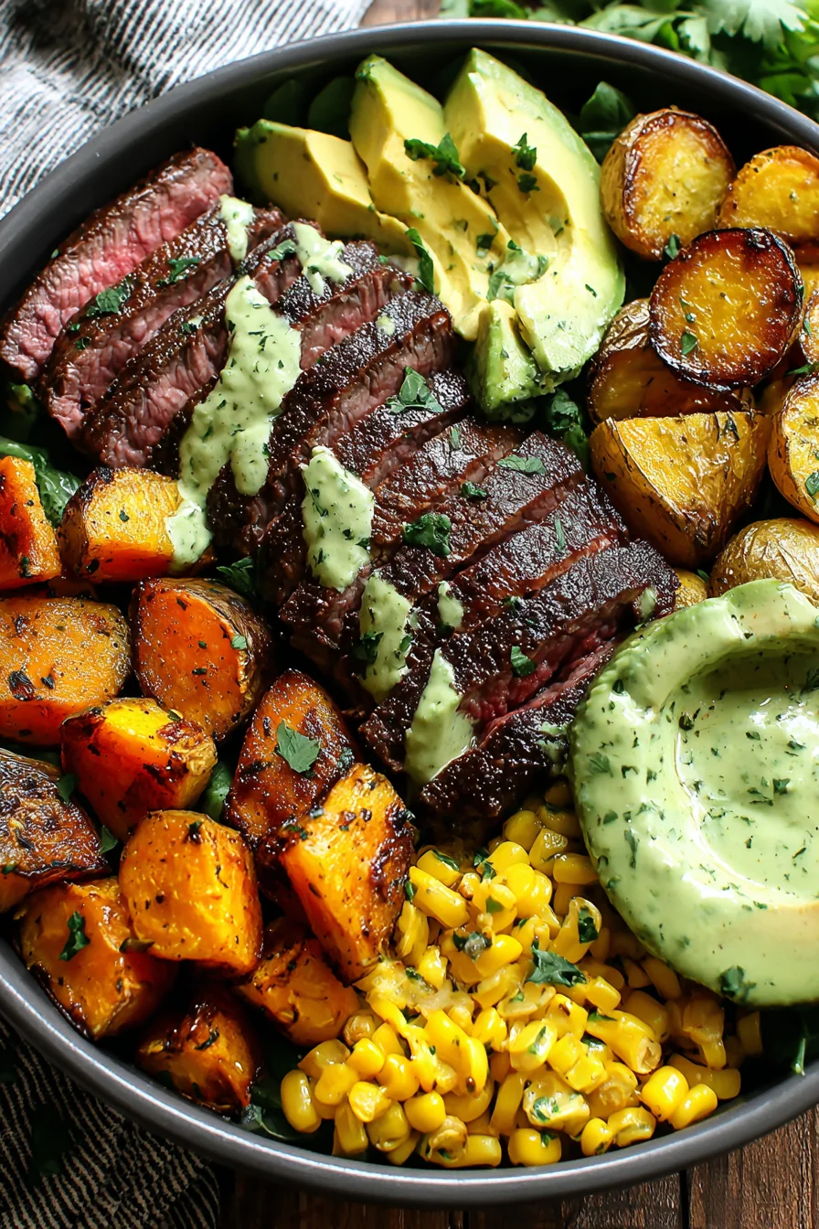 Steak, Avocado & Roasted Corn Bowl with Cilantro Cream – Healthy & Flavorful!