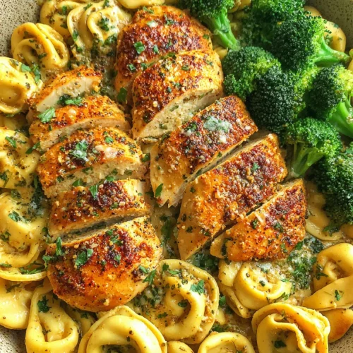 Creamy Garlic Parmesan Chicken Tortellini with Seared Chicken and Fresh Broccoli