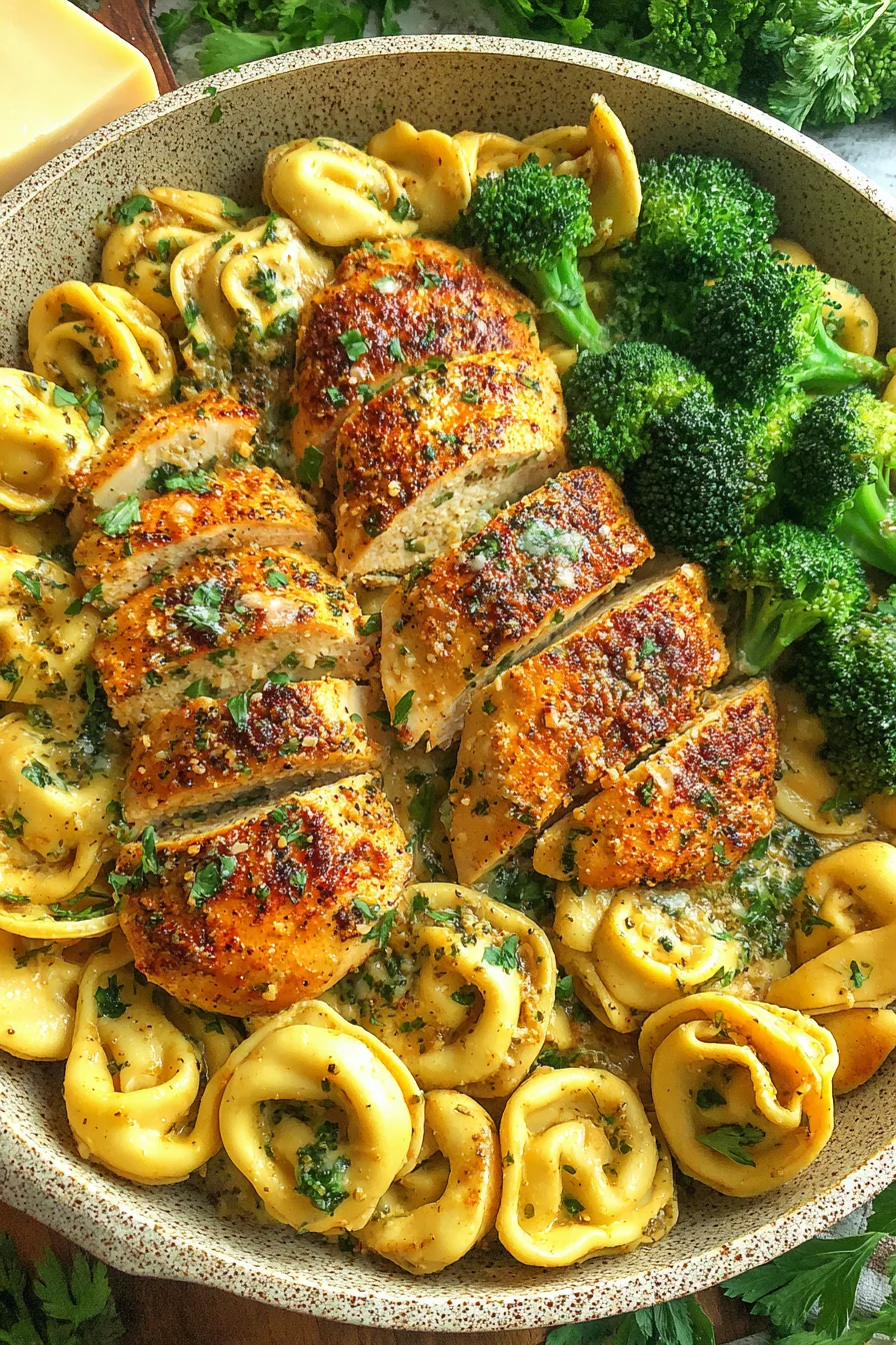 Creamy Garlic Parmesan Chicken Tortellini with Seared Chicken and Fresh Broccoli