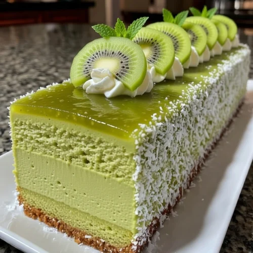 Kiwi Coconut Mousse Cake with Lime Glaze and Shredded Coconut Coating
