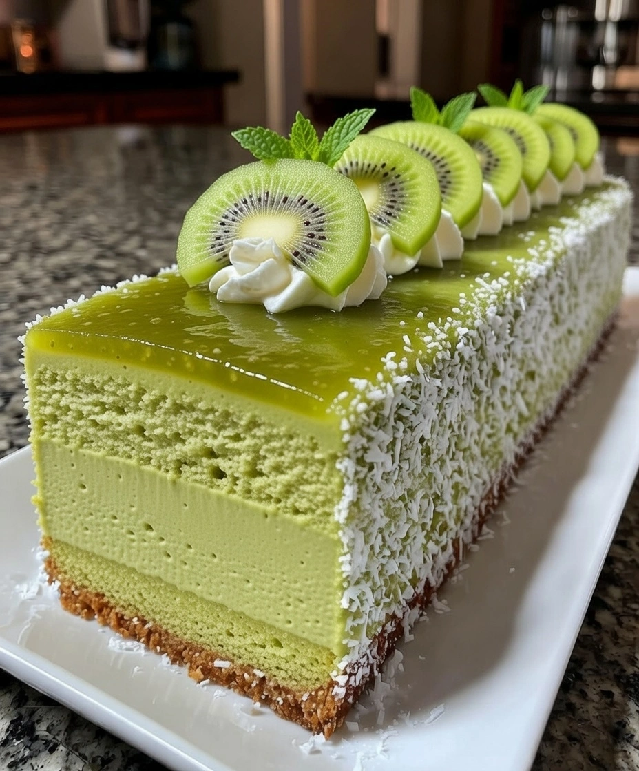 Kiwi Coconut Mousse Cake with Lime Glaze and Shredded Coconut Coating