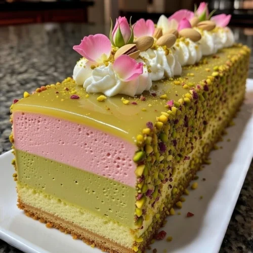 Pistachio Rose Mousse Layer Cake with White Chocolate Cream and Pistachio Coating