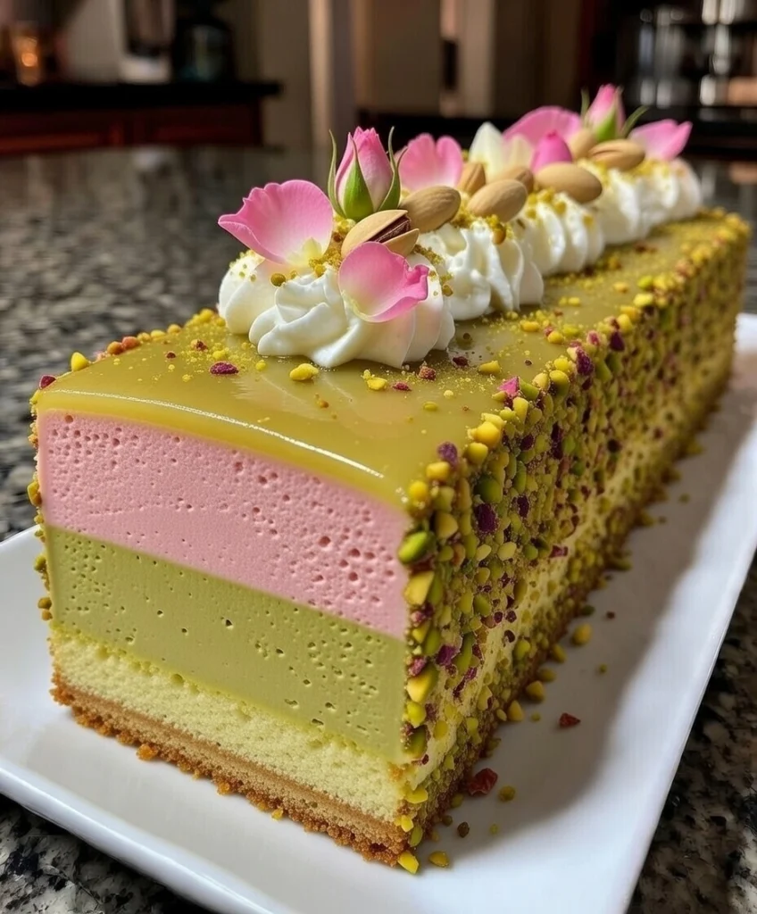 Pistachio Rose Mousse Layer Cake with White Chocolate Cream and Pistachio Coating