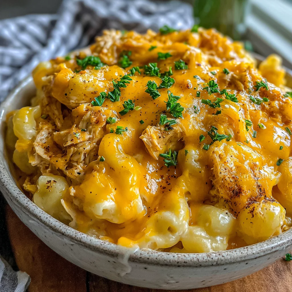 Slow Cooker BBQ Pulled Chicken Mac & Cheese
