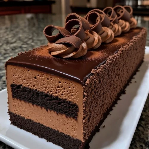 Triple Chocolate Layer Mousse Cake with Dark Sponge and Glossy Ganache Glaze