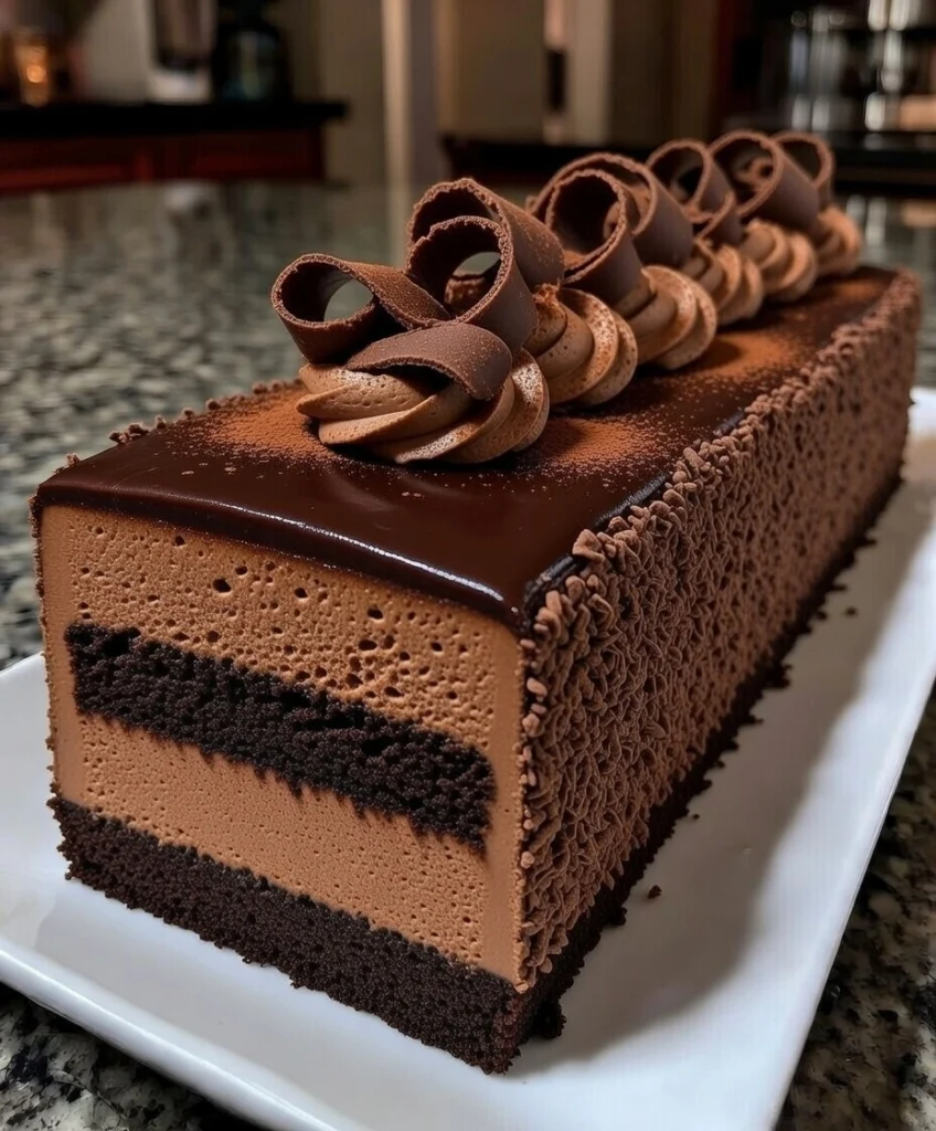 Triple Chocolate Layer Mousse Cake with Dark Sponge and Glossy Ganache Glaze