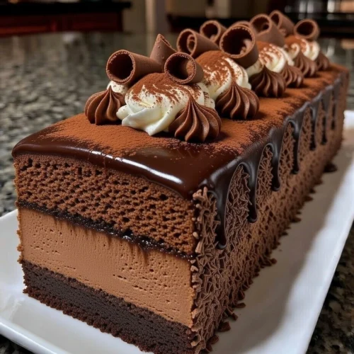 Chocolate Tiramisu Mousse Cake with Cocoa Dust and Chocolate Curls