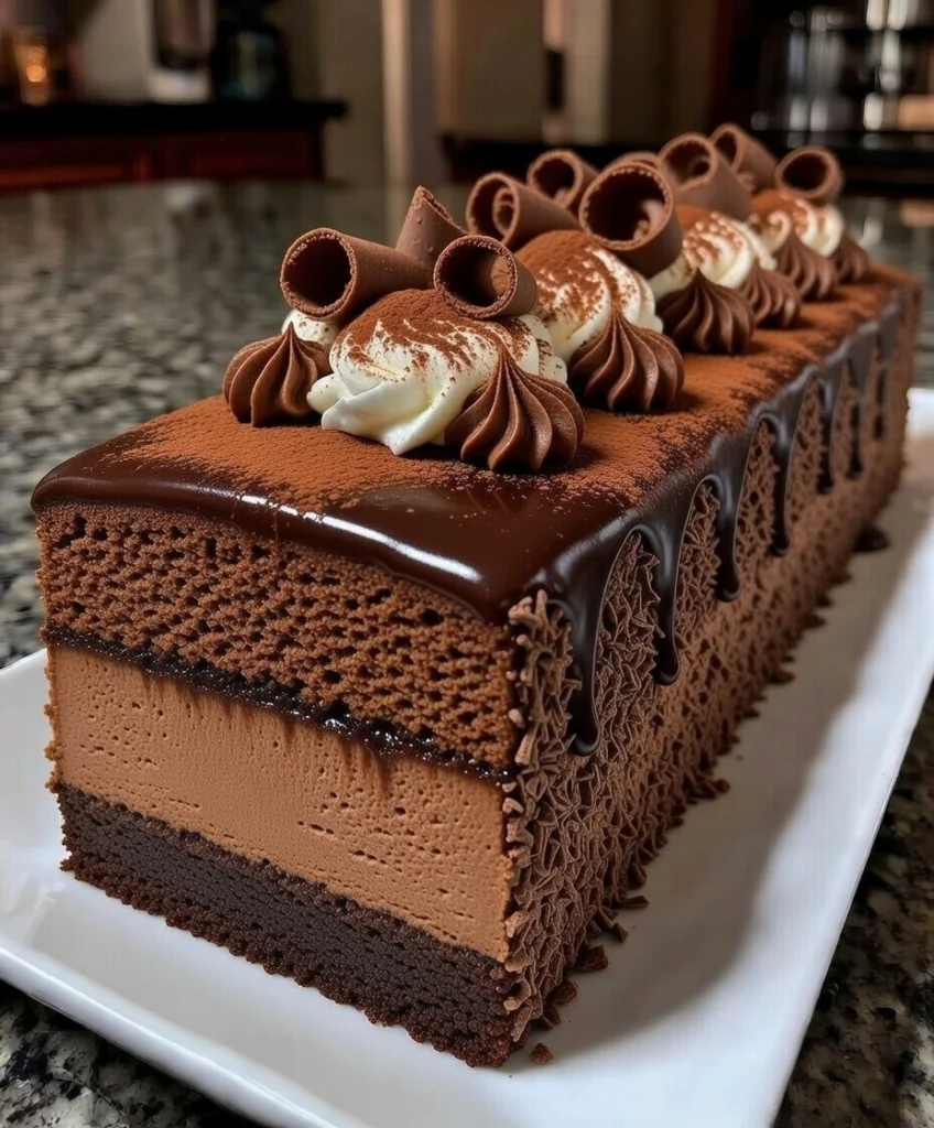 Chocolate Tiramisu Mousse Cake with Cocoa Dust and Chocolate Curls