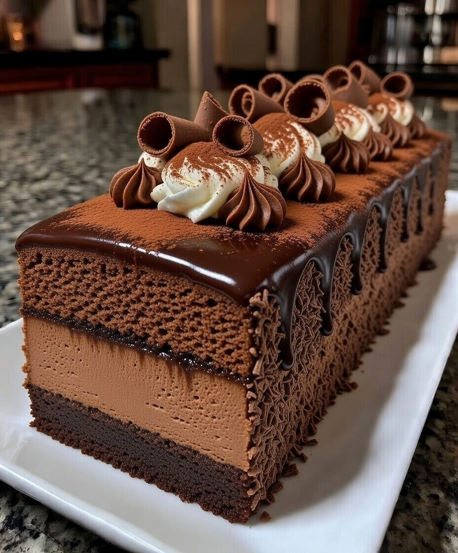 Chocolate Tiramisu Mousse Cake with Cocoa Dust and Chocolate Curls