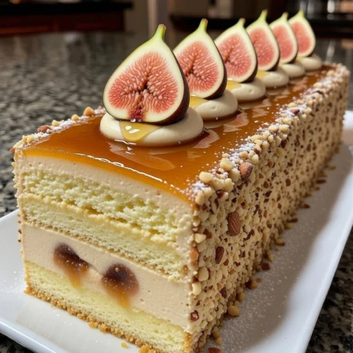 Honey Fig Almond Cream Layer Cake with Caramel Glaze and Toasted Almond Coating