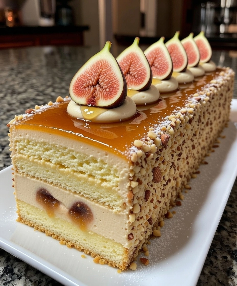 Honey Fig Almond Cream Layer Cake with Caramel Glaze and Toasted Almond Coating