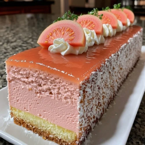 Tropical Pink Guava Coconut Mousse Slice with Glossy Guava Mirror Glaze