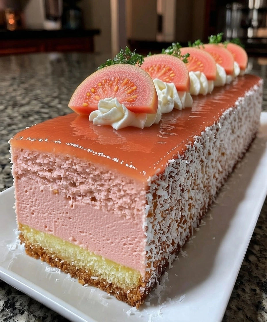 Tropical Pink Guava Coconut Mousse Slice with Glossy Guava Mirror Glaze