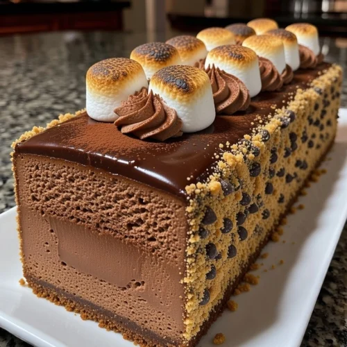 Dark Chocolate S’mores Mousse Bar with Graham Crust, Chocolate Ganache and Toasted Marshmallow Topping