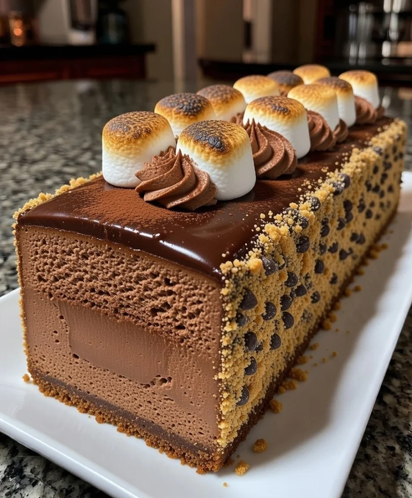 Dark Chocolate S’mores Mousse Bar with Graham Crust, Chocolate Ganache and Toasted Marshmallow Topping