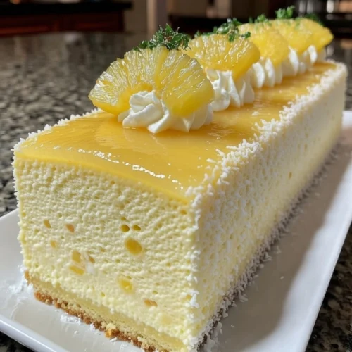 Pineapple Coconut Mousse Cake with Golden Pineapple Glaze and Vanilla Sponge Base
