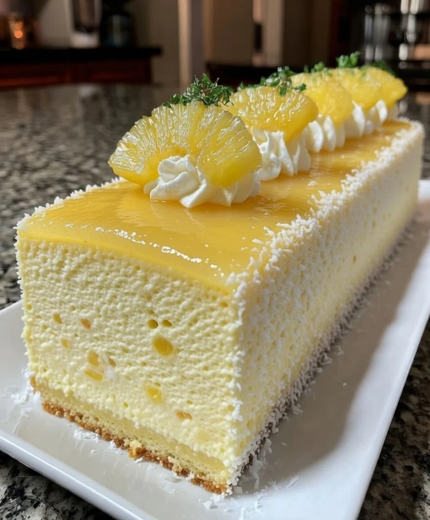 Pineapple Coconut Mousse Cake with Golden Pineapple Glaze and Vanilla Sponge Base