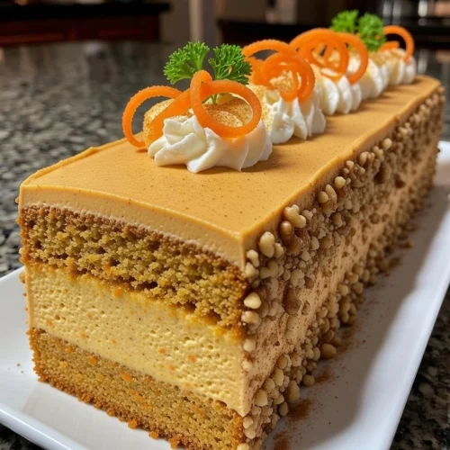 Spiced Carrot Cake with Cream Cheese Mousse Layer and Cinnamon Walnut Crunch