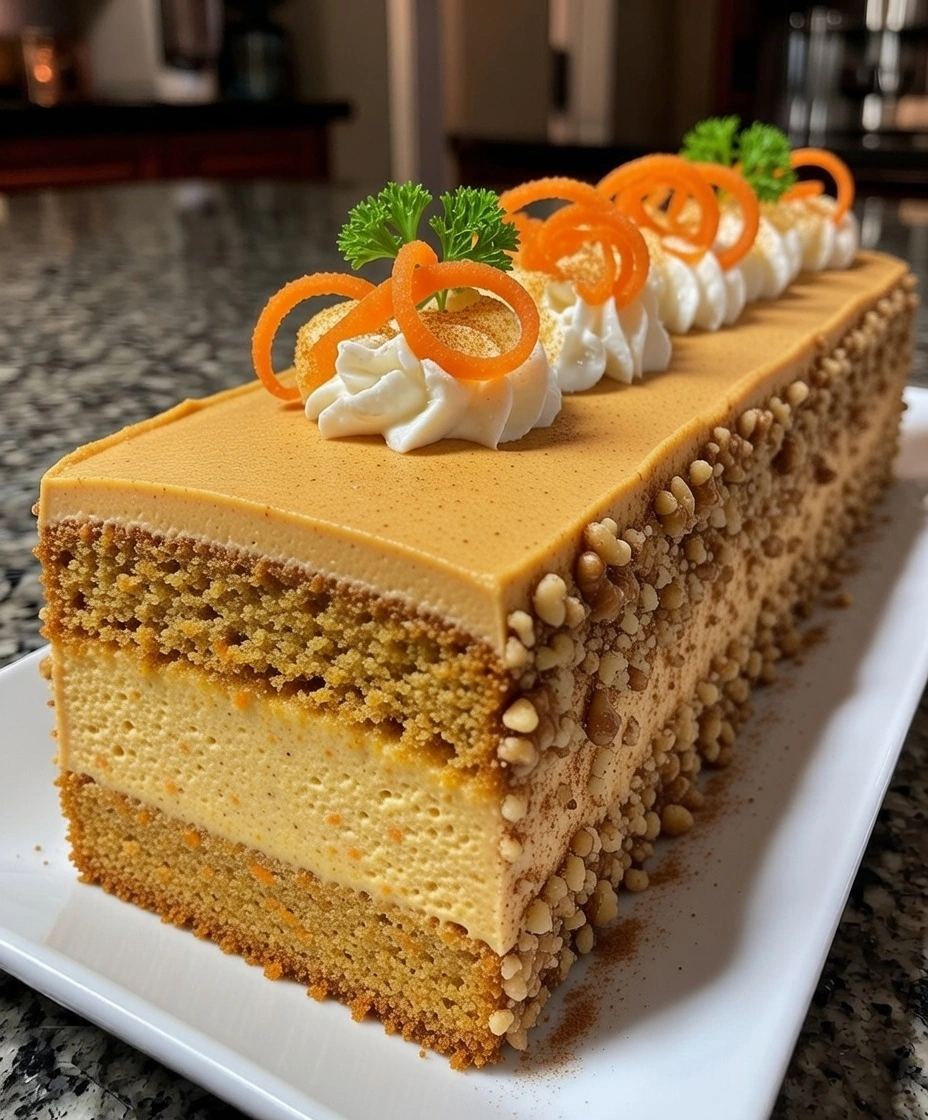 Spiced Carrot Cake with Cream Cheese Mousse Layer and Cinnamon Walnut Crunch