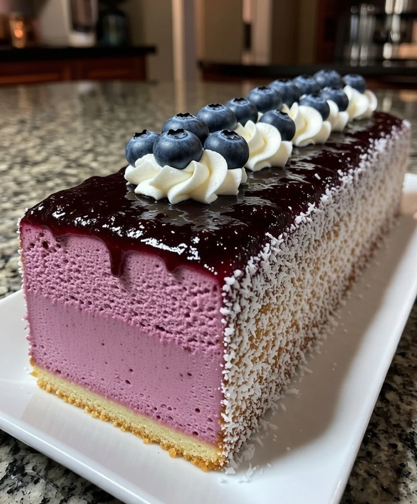 Blueberry Mousse Cheesecake Loaf with Coconut Crust and Blueberry Glaze