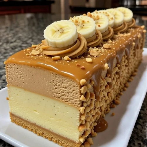 Banana Caramel Mousse Cake with Peanut Crunch and Salted Caramel Drip