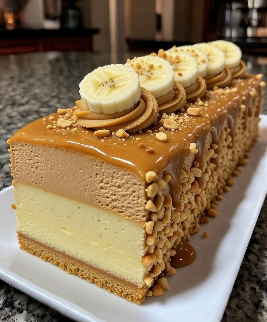 Banana Caramel Mousse Cake with Peanut Crunch and Salted Caramel Drip