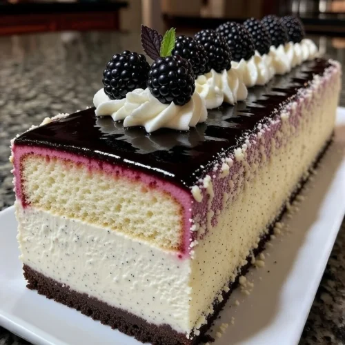 Blackberry Vanilla Bean Mousse Cake with Dark Berry Mirror Glaze