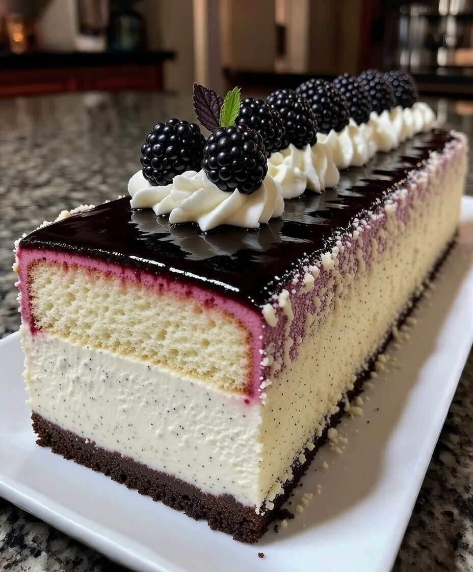 Blackberry Vanilla Bean Mousse Cake with Dark Berry Mirror Glaze
