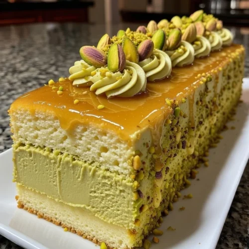Caramel Glazed Pistachio Mousse Layer Cake with Vanilla Sponge and Roasted Pistachio Crunch