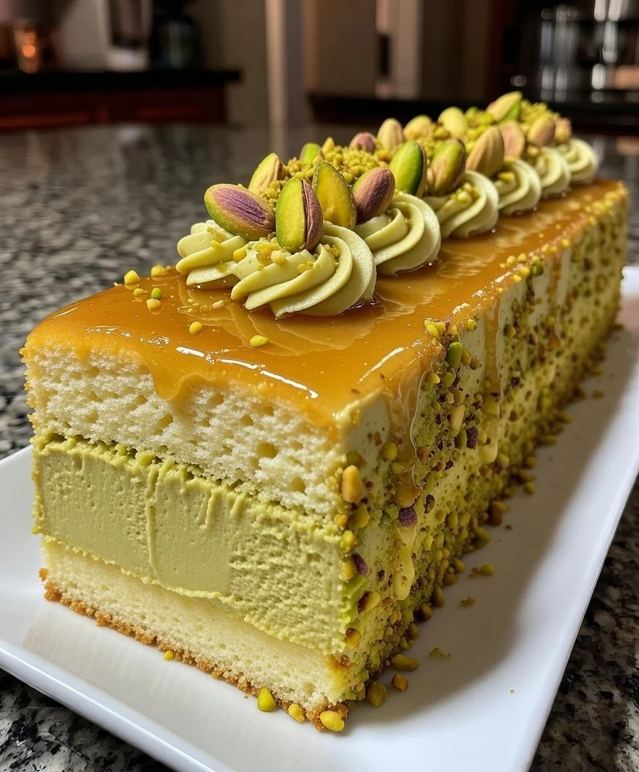 Caramel Glazed Pistachio Mousse Layer Cake with Vanilla Sponge and Roasted Pistachio Crunch