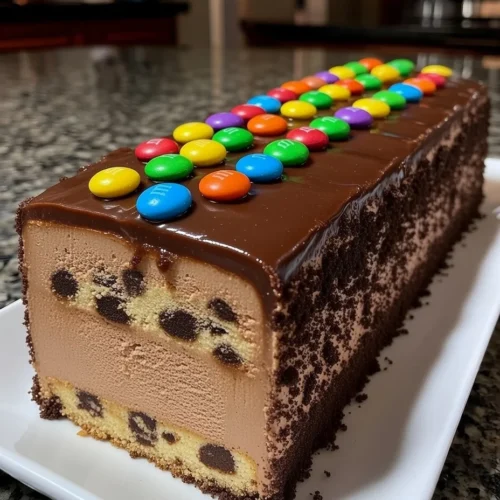 Decadent Chocolate M&M’s and Chocolate Chip Cookie Dough Ice Cream Cake