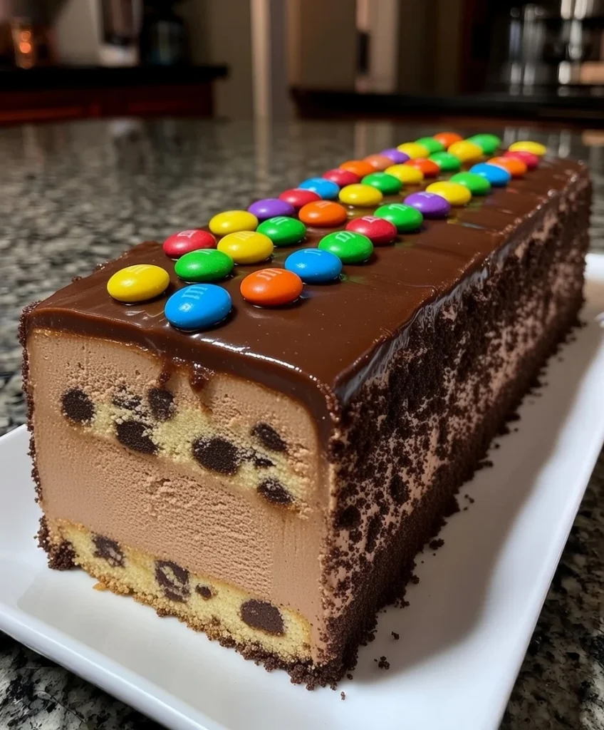 Decadent Chocolate M&M’s and Chocolate Chip Cookie Dough Ice Cream Cake
