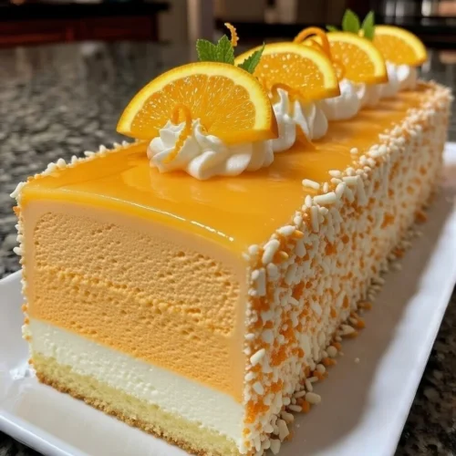 Orange Creamsicle Mousse Cake with Citrus Glaze and Almond Crunch
