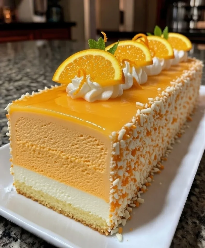 Orange Creamsicle Mousse Cake with Citrus Glaze and Almond Crunch