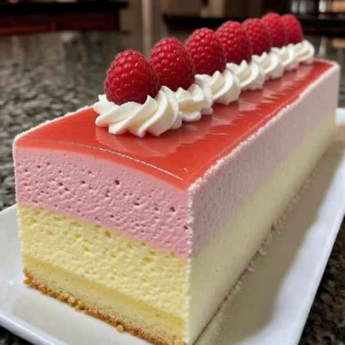 Raspberry Vanilla Mousse Cake with Fresh Raspberry Topping and Mirror Glaze