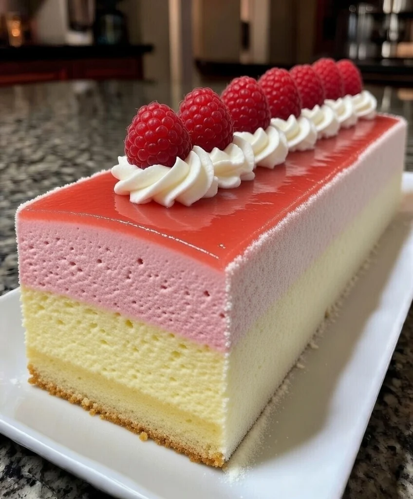 Raspberry Vanilla Mousse Cake with Fresh Raspberry Topping and Mirror Glaze