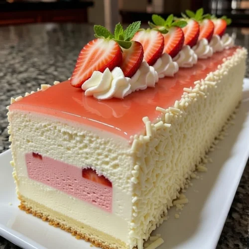 Strawberry Vanilla Cream Mousse Cake with Fresh Strawberry Insert and Strawberry Glaze