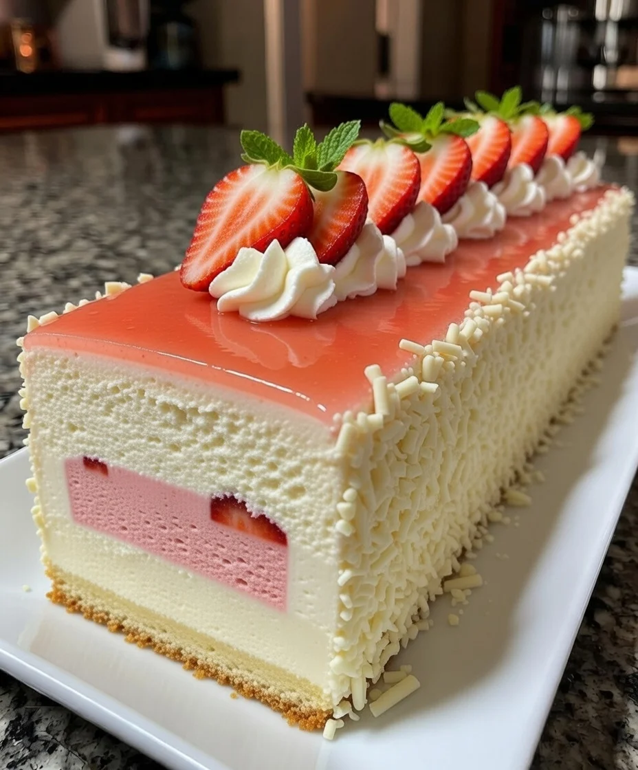 Strawberry Vanilla Cream Mousse Cake with Fresh Strawberry Insert and Strawberry Glaze