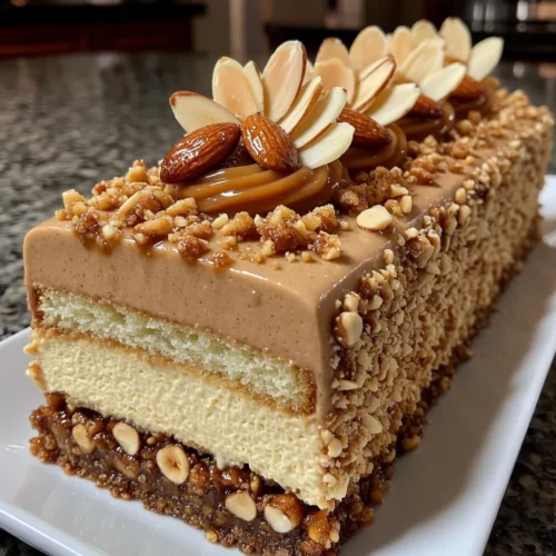 Almond Praline Mousse Cake with Crunchy Nut Caramel Base