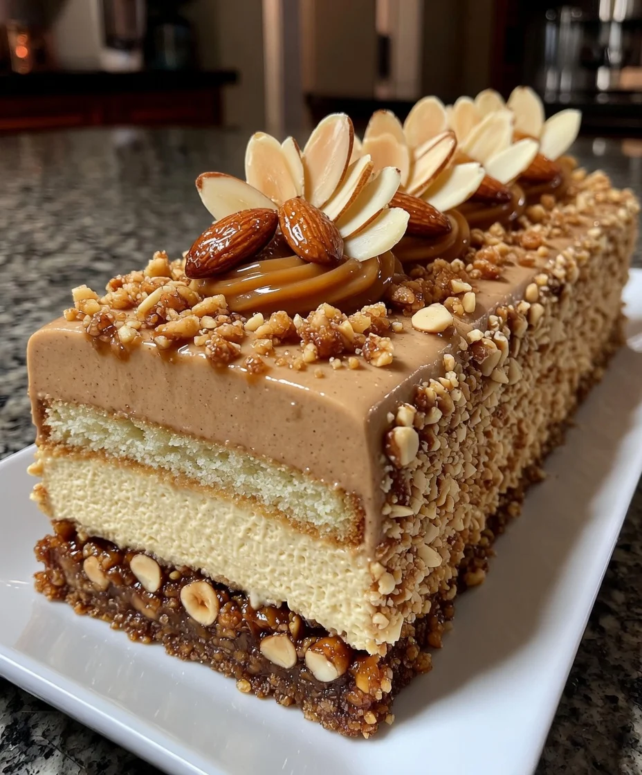 Almond Praline Mousse Cake with Crunchy Nut Caramel Base