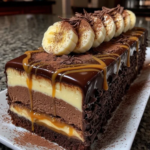 Banana Chocolate Mousse Cake with Caramel Swirl and Cocoa Dust